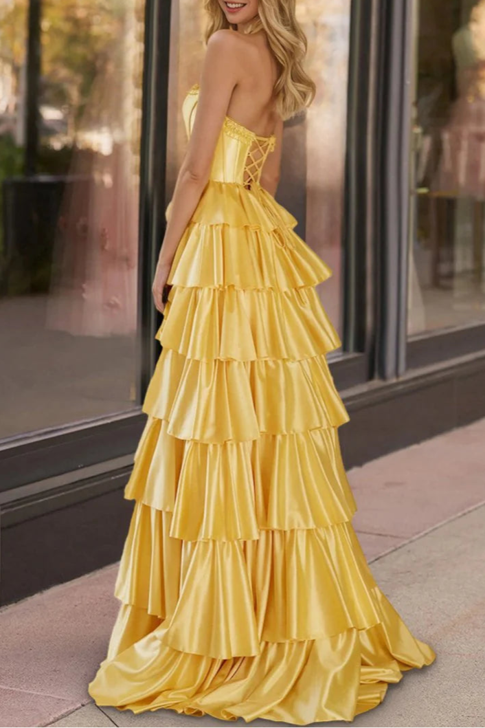 Yellow Satin Strapless Ruffle Tiered Beaded Corset A Line Prom Dresses Evening Dresses