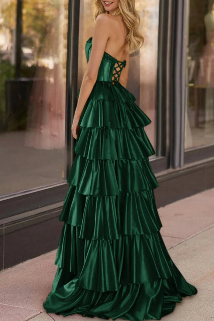 Dark Green Satin Strapless Ruffle Tiered Beaded Corset A Line Prom Dresses Evening Dresses