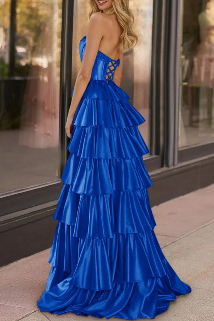 Fuchsia Satin Strapless Ruffle Tiered Beaded Corset A Line Prom Dresses Evening Dresses