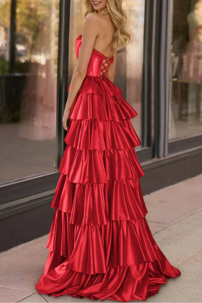 Fuchsia Satin Strapless Ruffle Tiered Beaded Corset A Line Prom Dresses Evening Dresses