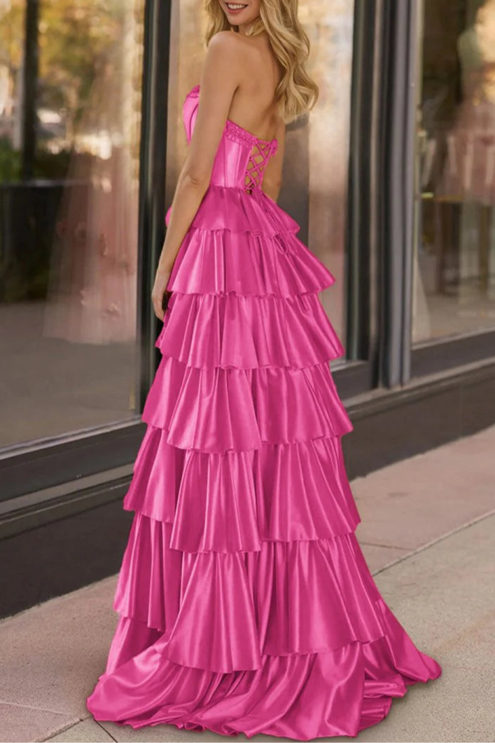 Fuchsia Satin Strapless Ruffle Tiered Beaded Corset A Line Prom Dresses Evening Dresses