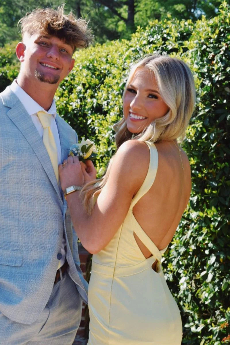 Yellow Satin V Neck Mermaid Open Back Floor length Party Dress Affordable Satin Party Dresses