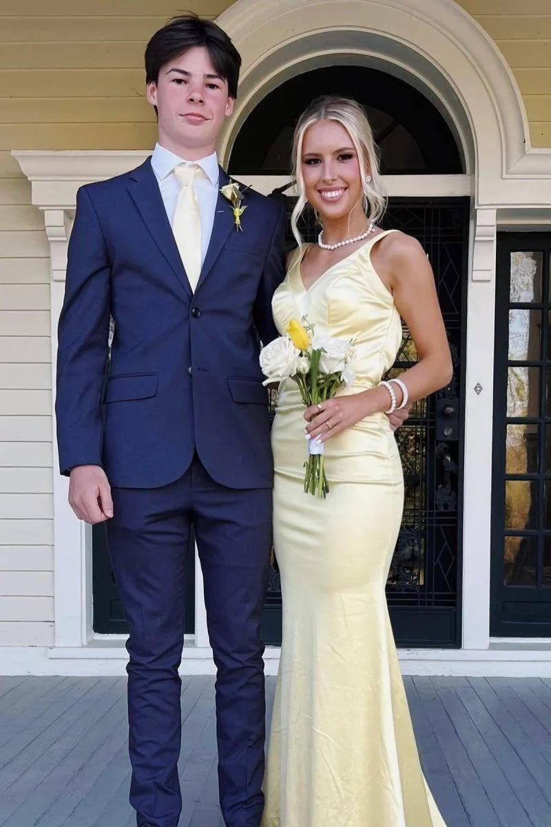 Yellow Satin V Neck Mermaid Open Back Floor length Party Dress Affordable Satin Party Dresses