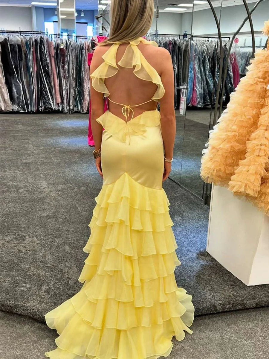 Yellow Satin V Neck Open Back Mermaid Tiered Ruffles Floor Length Prom Dress With Slit