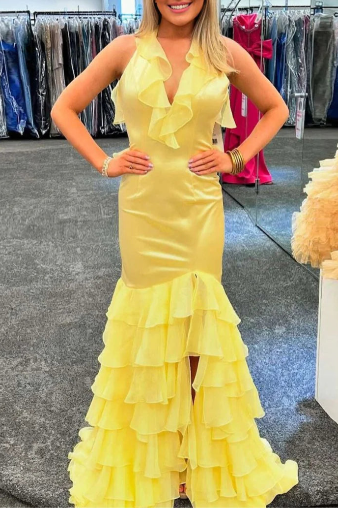 Yellow Satin V Neck Open Back Mermaid Tiered Ruffles Floor Length Prom Dress With Slit