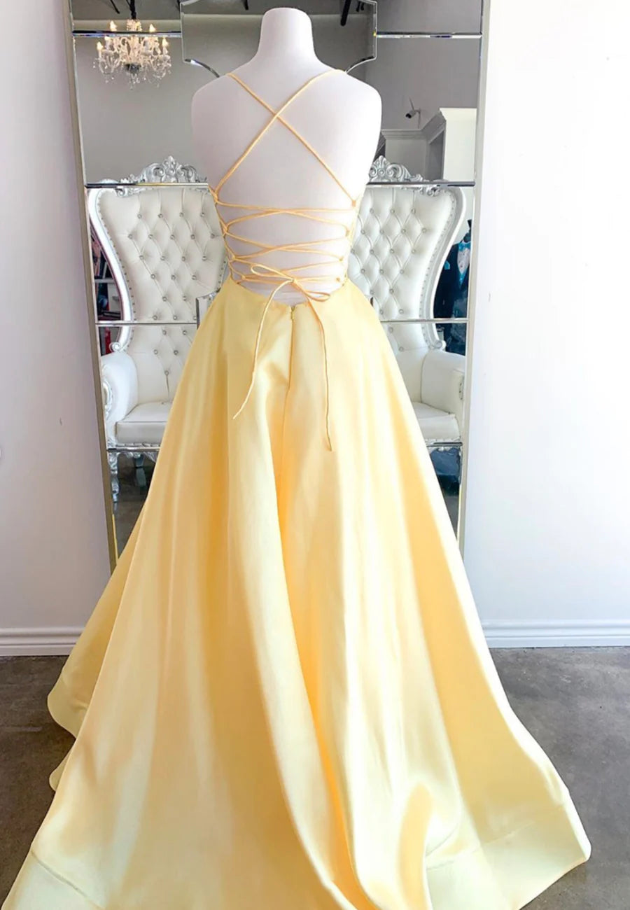 Yellow Satin V Neck Spaghetti Straps Long Prom Dresses A-Line Backless Evening Dresses