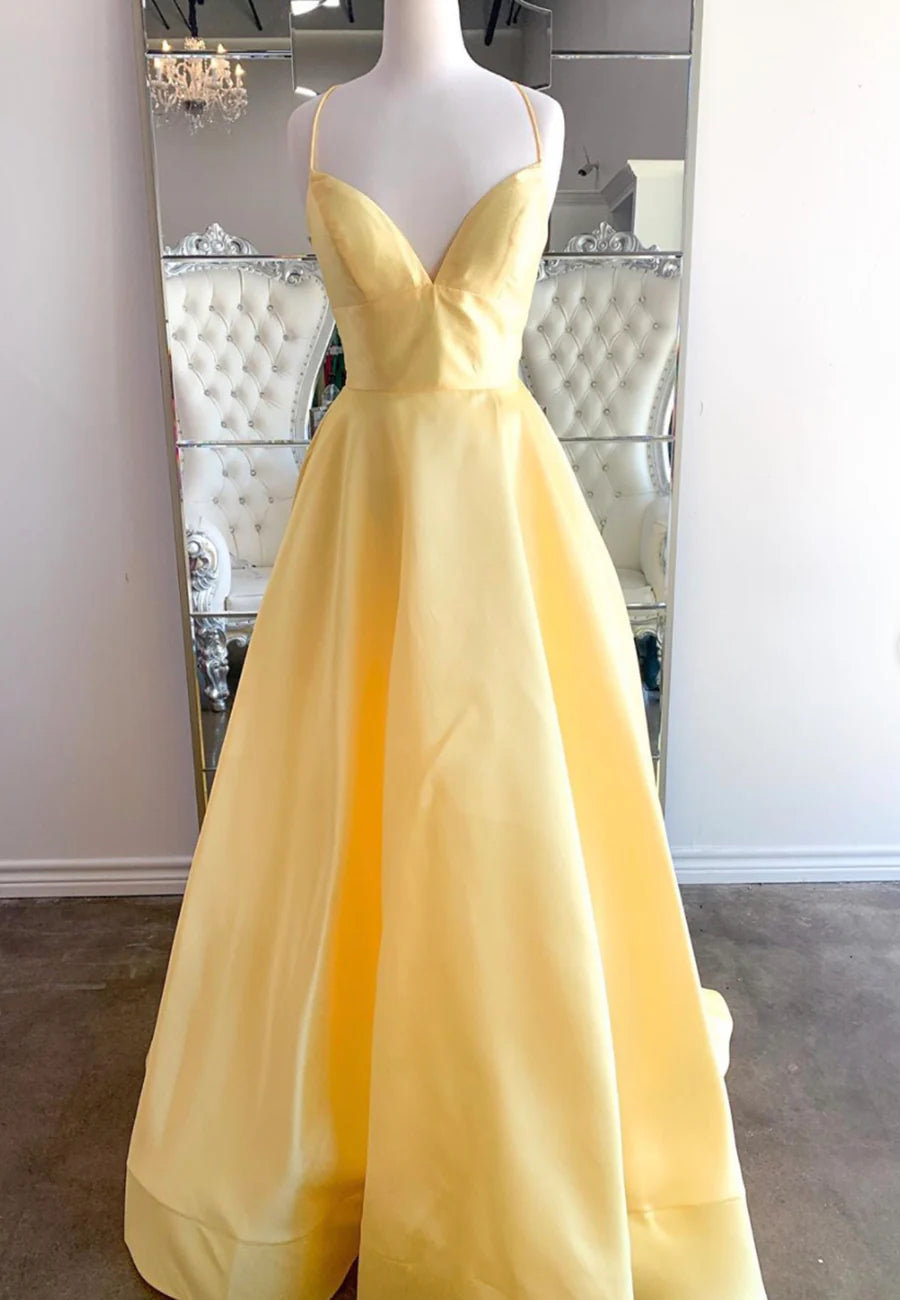 Yellow Satin V Neck Spaghetti Straps Long Prom Dresses A-Line Backless Evening Dresses