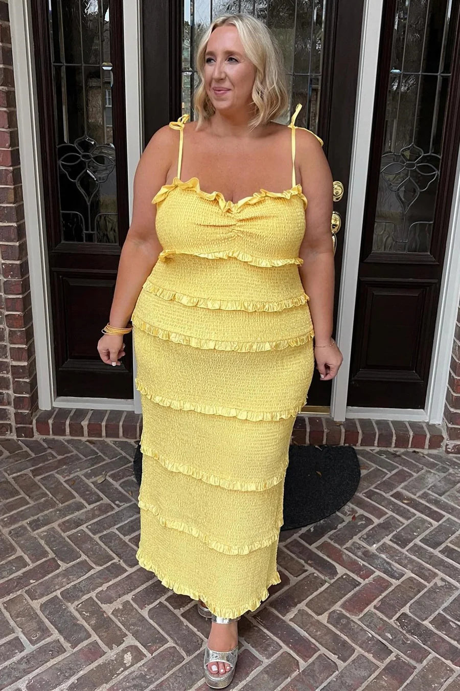 Yellow Spaghetti Strap Ruffle Smocked Midi Dress Bridesmaid Dresses