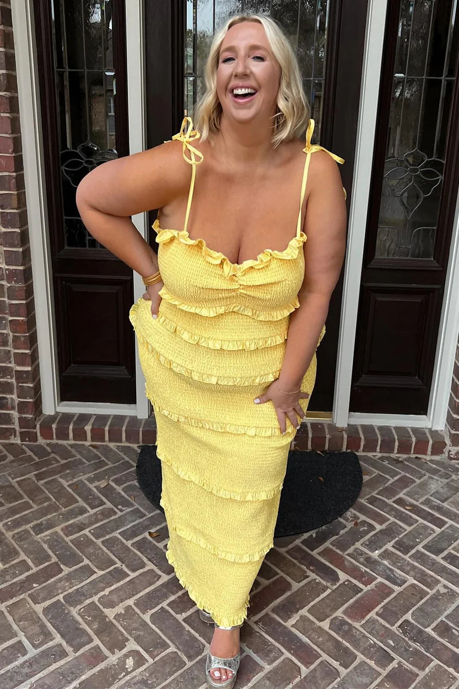 Yellow Spaghetti Strap Ruffle Smocked Midi Dress Bridesmaid Dresses