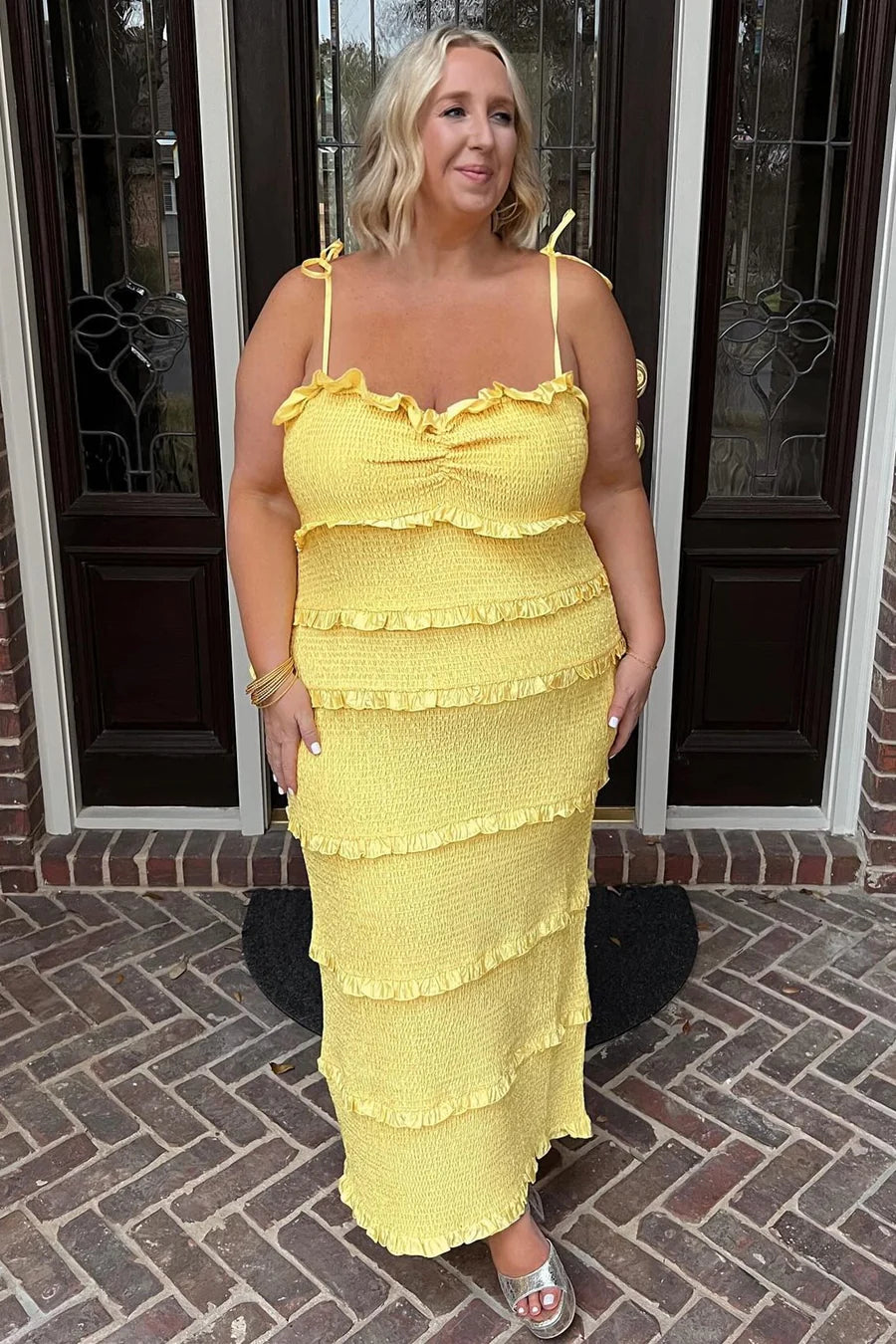 Yellow Spaghetti Strap Ruffle Smocked Midi Dress Bridesmaid Dresses