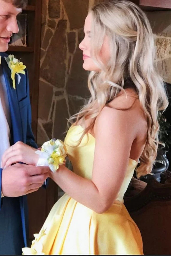 Yellow Strapless A-Line Sweetheart Appliques Prom Dress with Slit