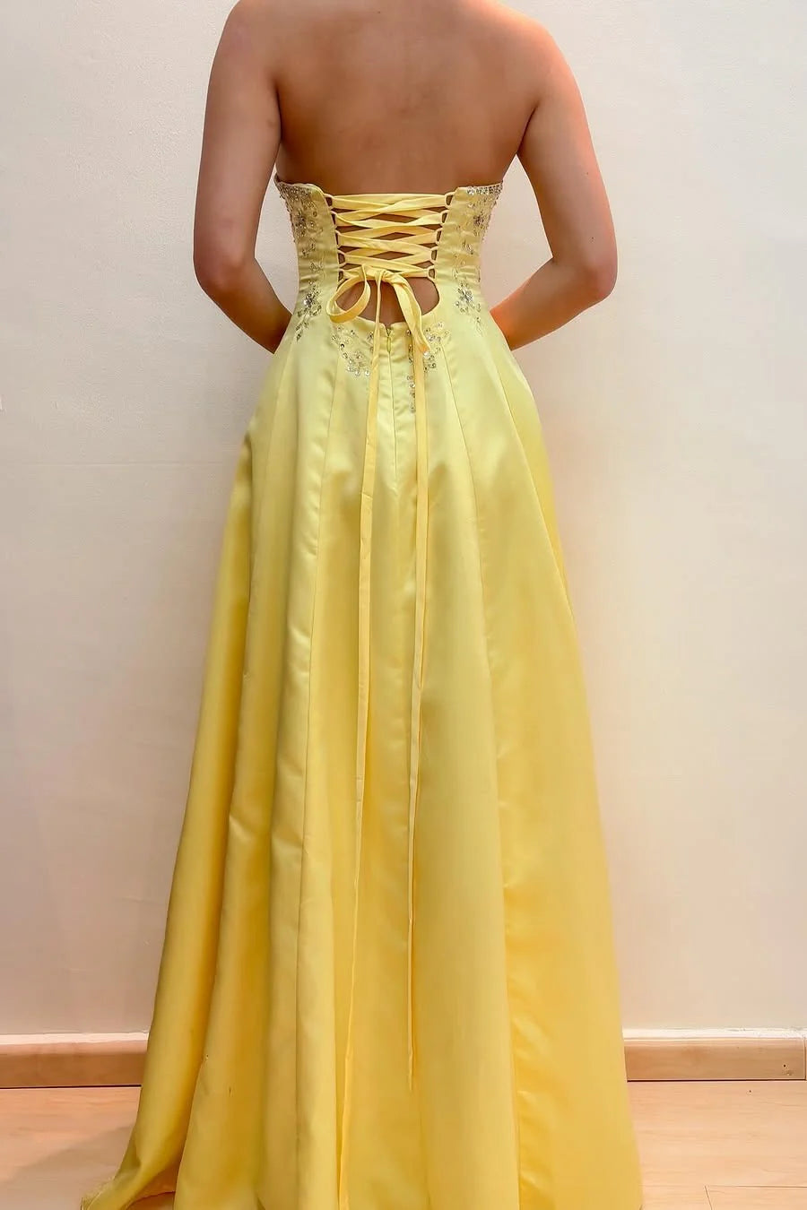 Yellow Strapless Appliques A-Line Satin Empire-Waist Long Prom Dress