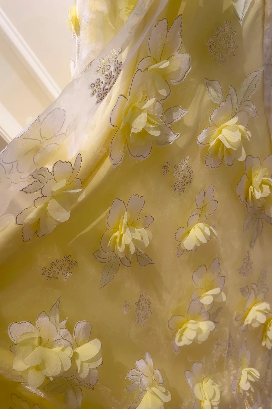 Yellow Tulle Flowers Spaghetti Straps Tea Length Prom Dress Cute A-Line Party Dress