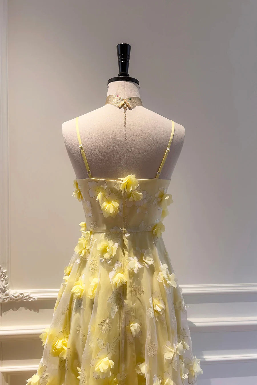 Yellow Tulle Flowers Spaghetti Straps Tea Length Prom Dress Cute A-Line Party Dress