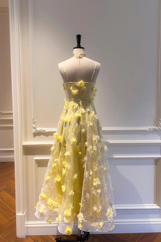 Yellow Tulle Flowers Spaghetti Straps Tea Length Prom Dress Cute A-Line Party Dress