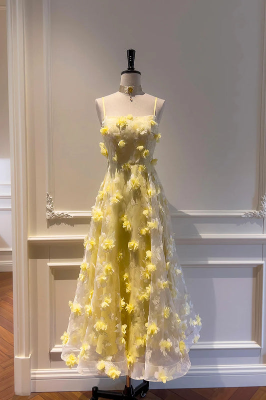 Yellow Tulle Flowers Spaghetti Straps Tea Length Prom Dress Cute A-Line Party Dress