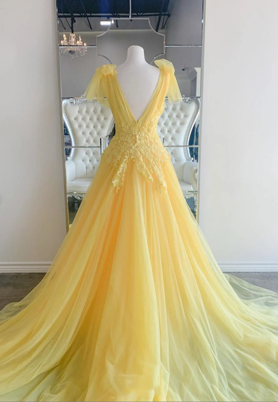 Yellow Tulle Lace Sequins With Applique V-Neck Long Prom Dresses A-Line Evening Dresses