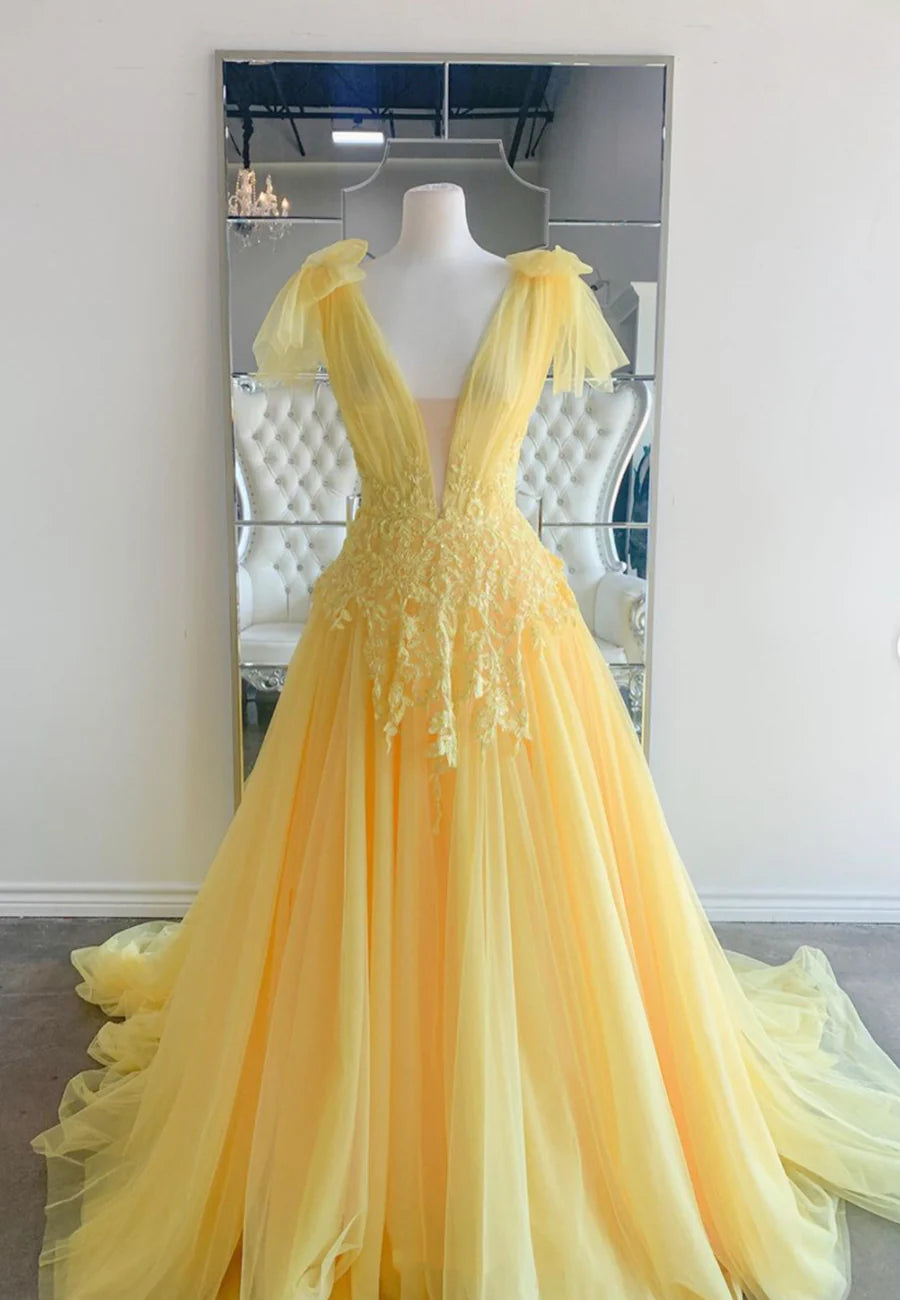 Yellow Tulle Lace Sequins With Applique V-Neck Long Prom Dresses A-Line Evening Dresses