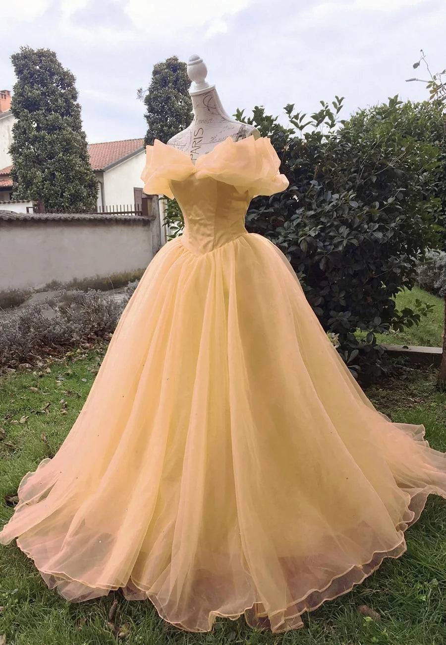 Yellow Tulle Strapless Zipper Back Floor Length Prom Dresses A-Line Evening Dresses