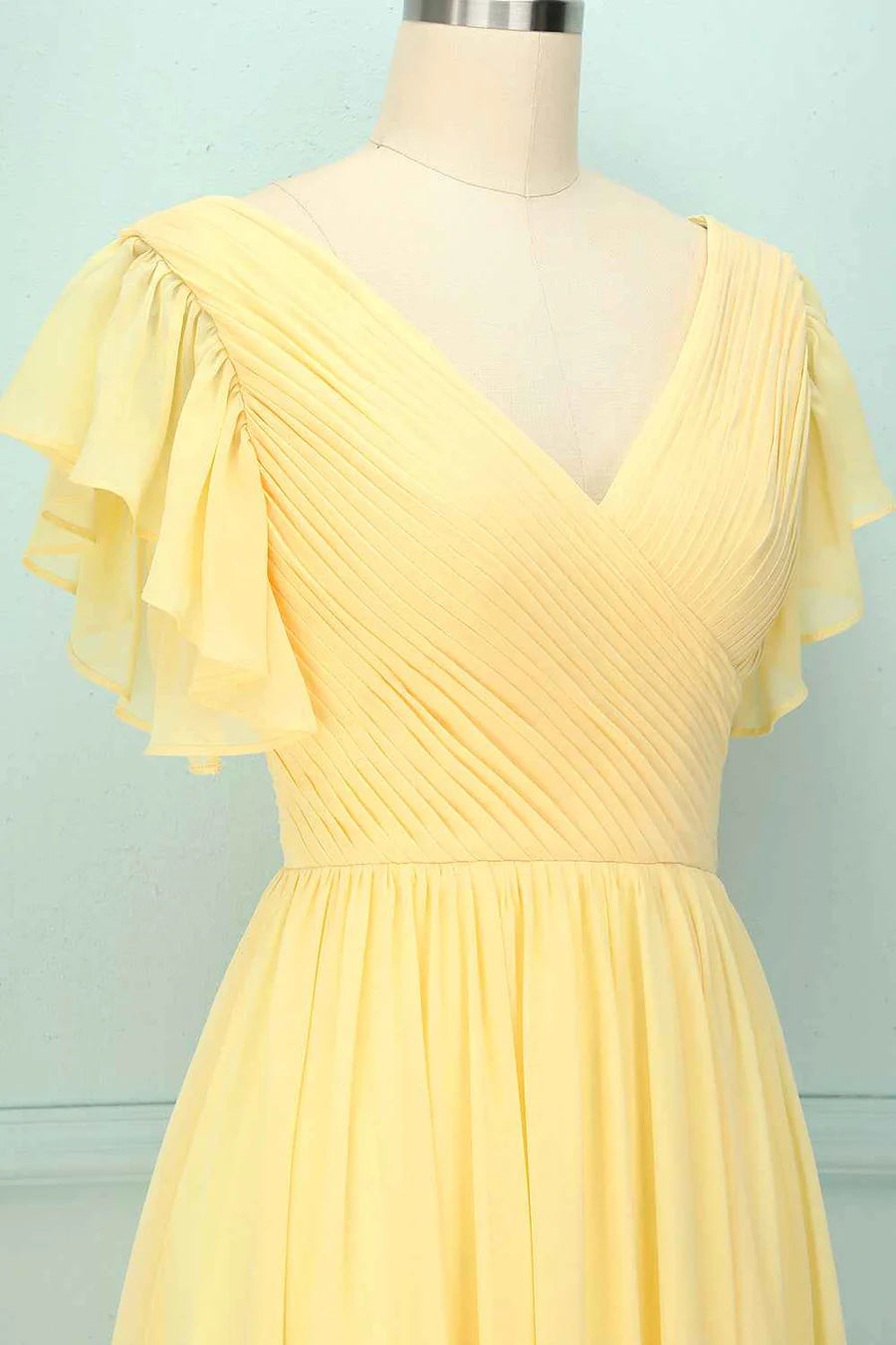 Yellow Tulle V-Neck Ruffled Pleated Bridesmaid Dress