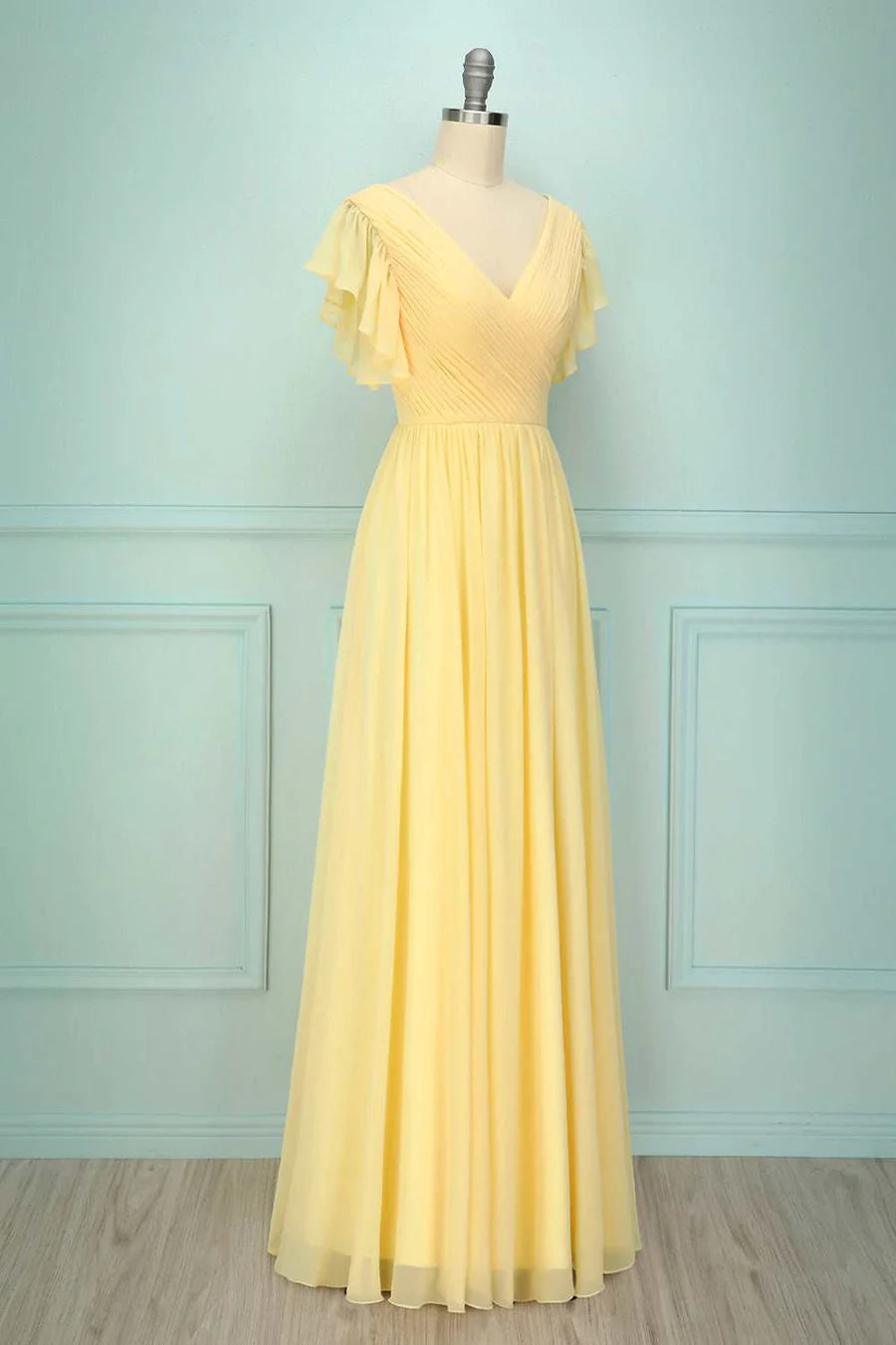 Yellow Tulle V-Neck Ruffled Pleated Bridesmaid Dress