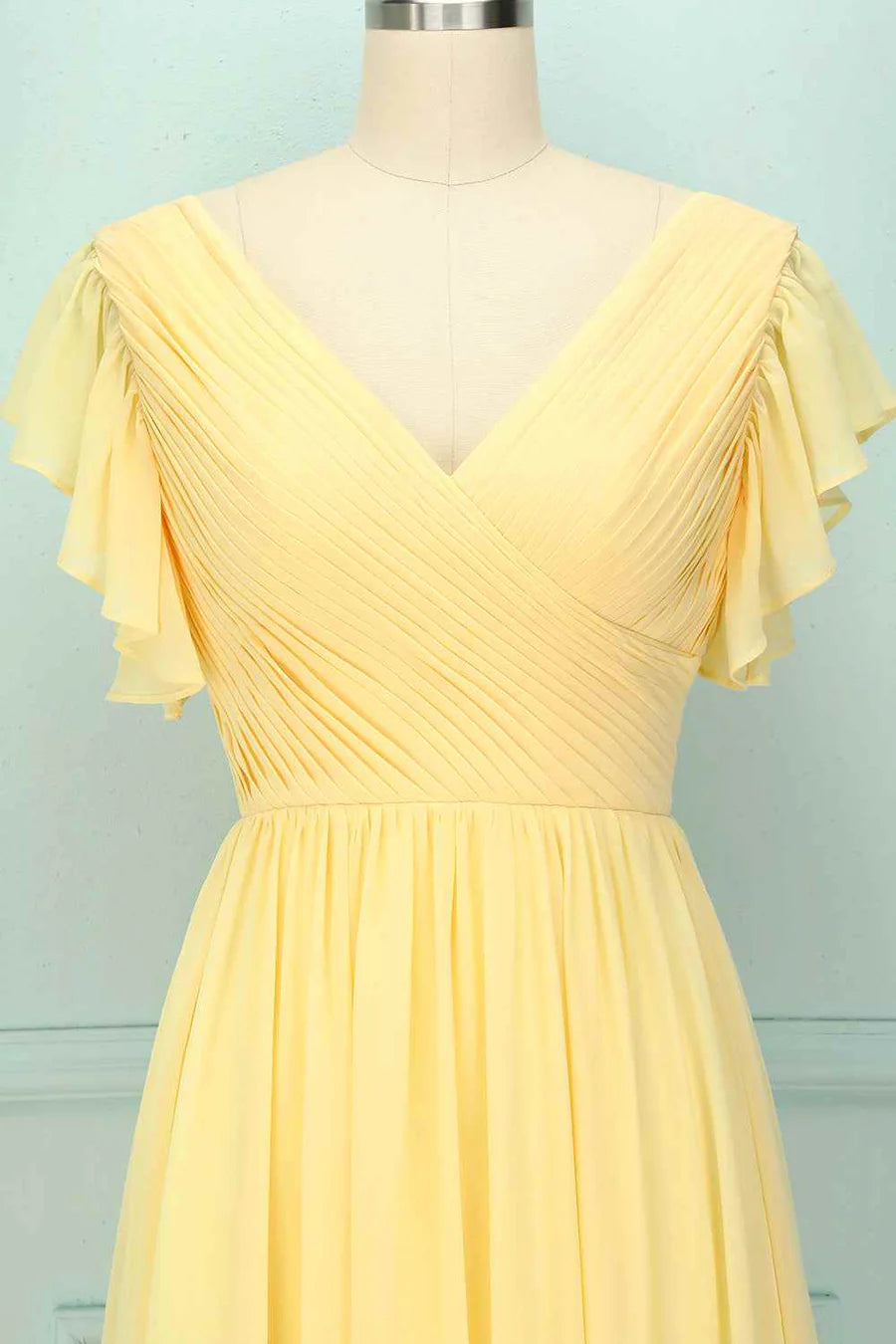 Yellow Tulle V-Neck Ruffled Pleated Bridesmaid Dress