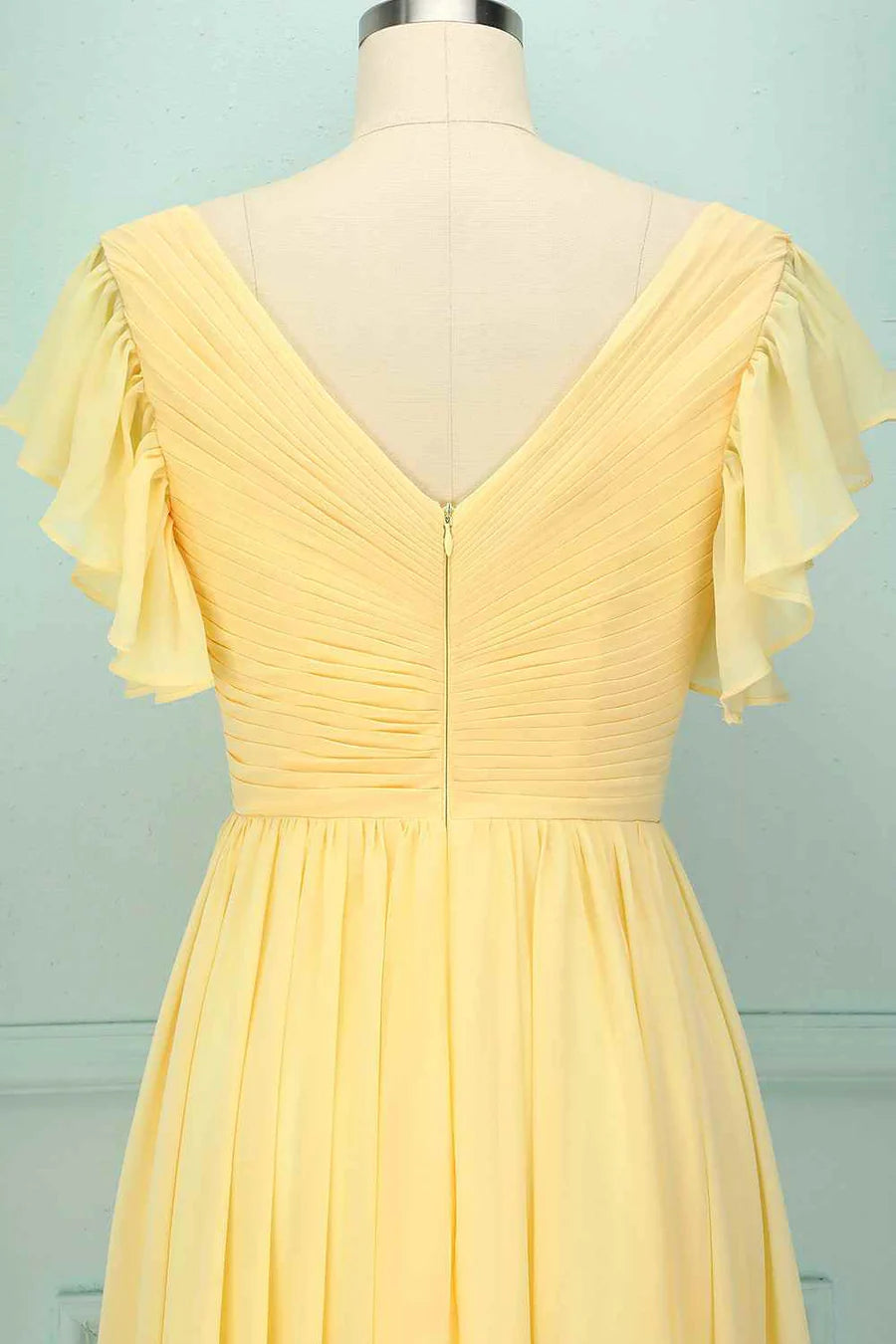 Yellow Tulle V-Neck Ruffled Pleated Bridesmaid Dress