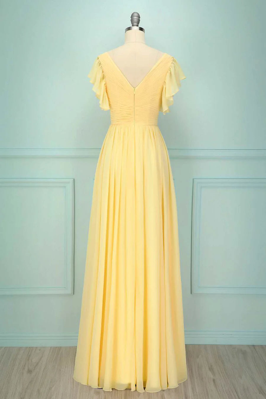 Yellow Tulle V-Neck Ruffled Pleated Bridesmaid Dress