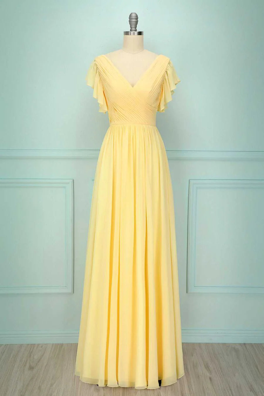 Yellow Tulle V-Neck Ruffled Pleated Bridesmaid Dress