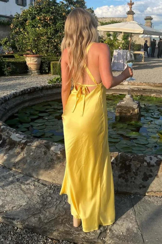 Yellow V-Neck Tie-Back Bridesmaid Dresses with Side Slit