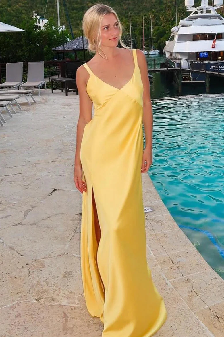 Yellow V-Neck Tie-Back Bridesmaid Dresses with Side Slit