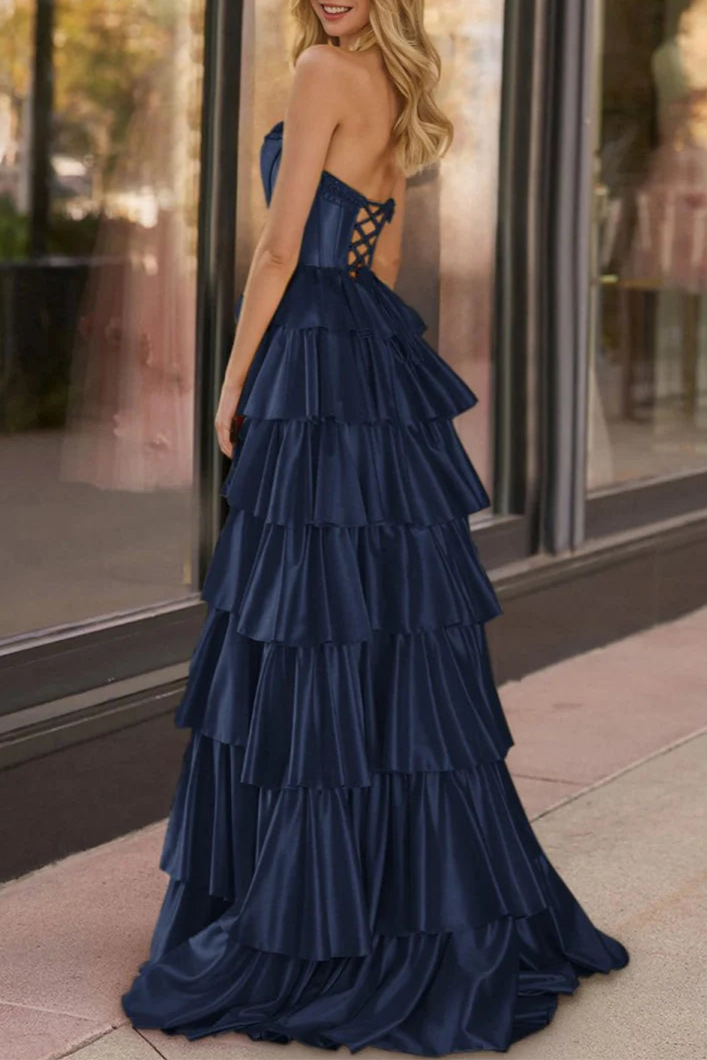 Yellow Satin Strapless Ruffle Tiered Beaded Corset A Line Prom Dresses Evening Dresses