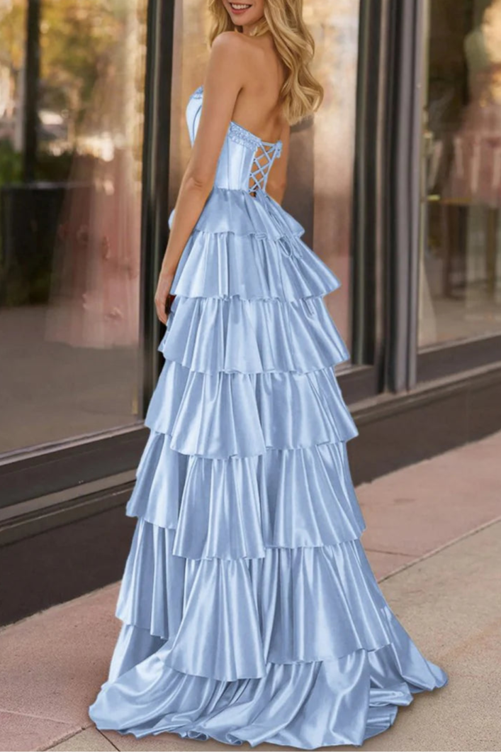 Yellow Satin Strapless Ruffle Tiered Beaded Corset A Line Prom Dresses Evening Dresses