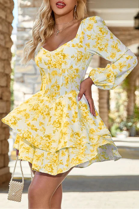 Blue And White Floral Print Ruffle V Neck Bell Long Sleeves Homecoming Party Dress