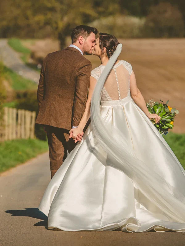 A Line V Neck Applique Chapel Train Wedding Dresses