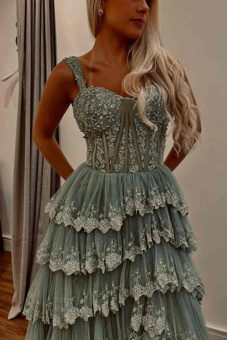 A-Line Empire-Waist Straps Layered Appliques Sleeveless Long Prom Dress