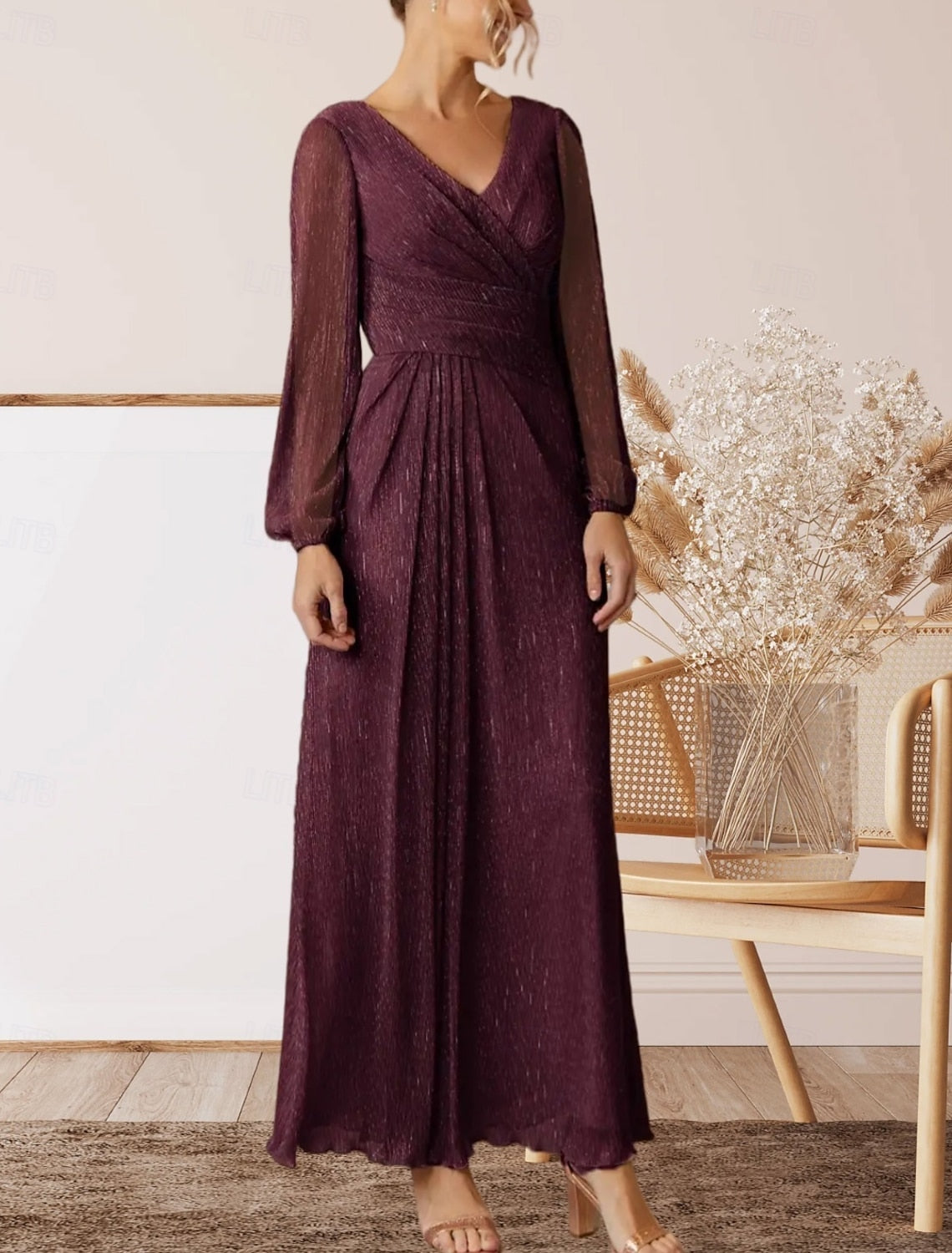 A-Line Mother of the Bride Dress Wedding Guest Elegant V Neck Floor Length Chiffon Long Sleeve with Pleats Ruching 2025