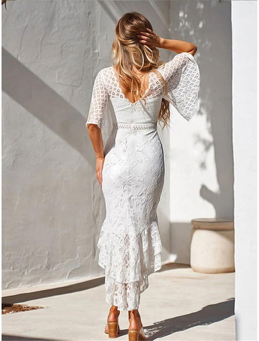 Women's White Dress Midi Dress Lace Ruffle Asymmetrical Wedding Party Date Elegant Sexy Crew Neck Half Sleeve