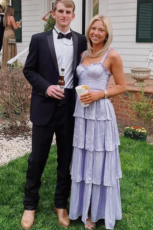 Classy A-Line Straps Tiered Satin Pleated Long Prom Formal Dress