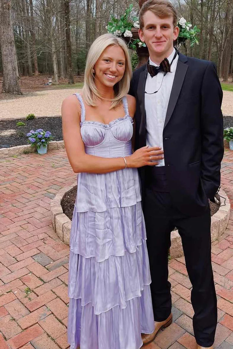 Classy A-Line Straps Tiered Satin Pleated Long Prom Formal Dress