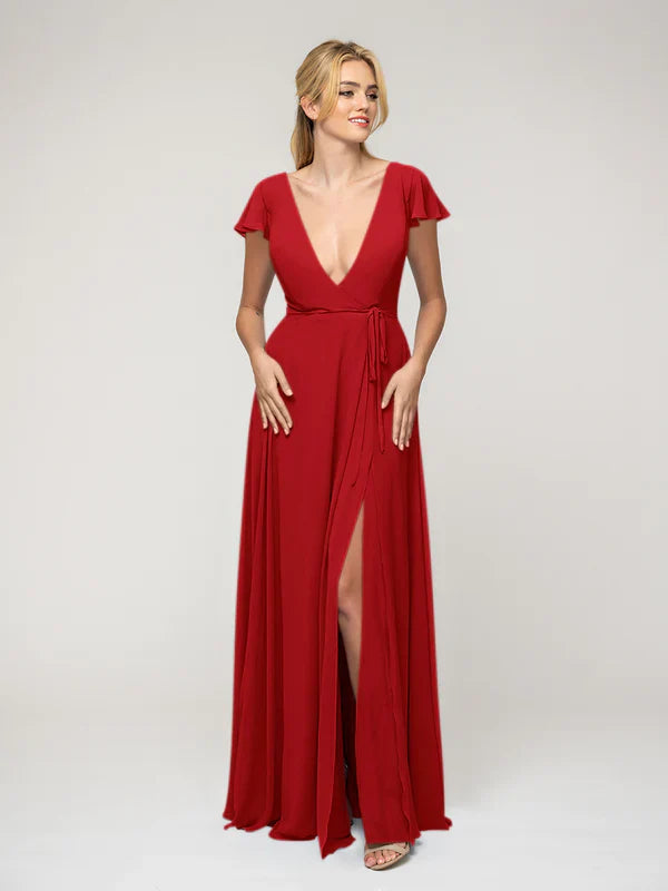Ruffle Sleeve V Neck Slit Bridesmaid Dresses For Wedding