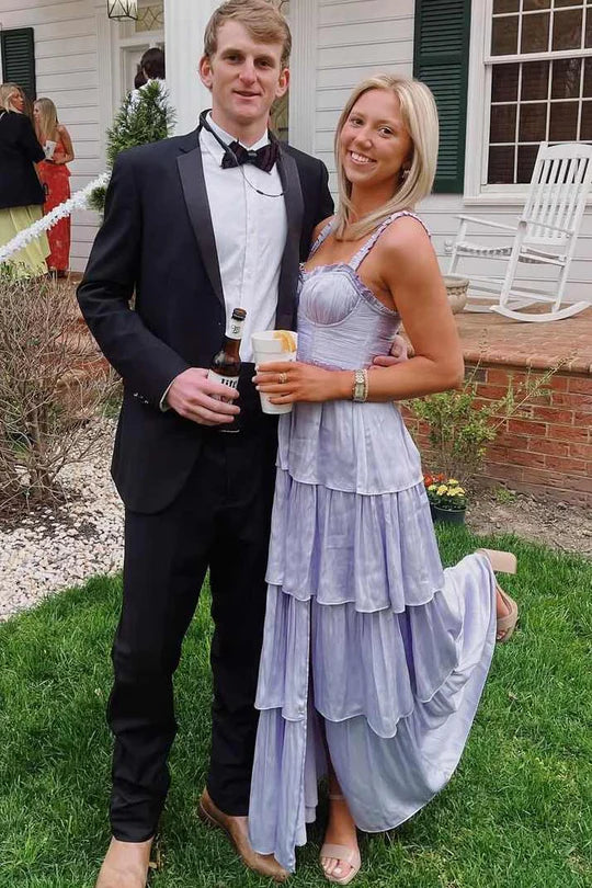 Classy A-Line Straps Tiered Satin Pleated Long Prom Formal Dress