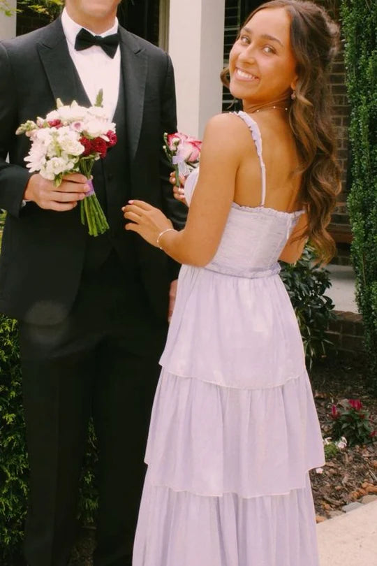 Classy A-Line Straps Tiered Satin Pleated Long Prom Formal Dress