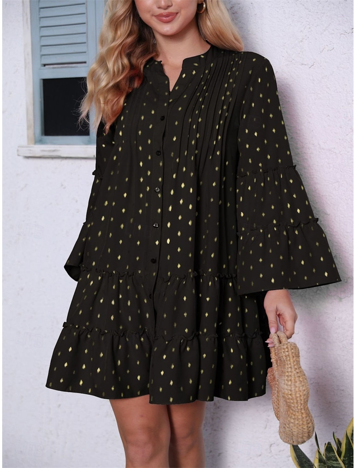 Mini Dress Casual Dress A Line Dress Cute Stylish Casual Flared Sleeve Vacation Party Daily Loose Fit Long Sleeve V Neck Magenta