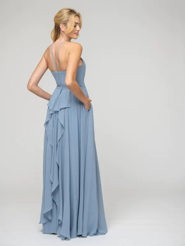 Pleats Bodice Chiffon Halter A Line Bridesmaid Dresses