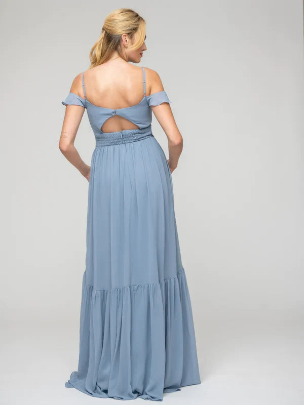 Pleats Bodice Chiffon Cold Shoulder Tie Back Bridesmaid Dresses