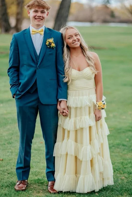 Yellow Strapless A-Line Ruffle Tulle Sleeveless Long Prom Dress