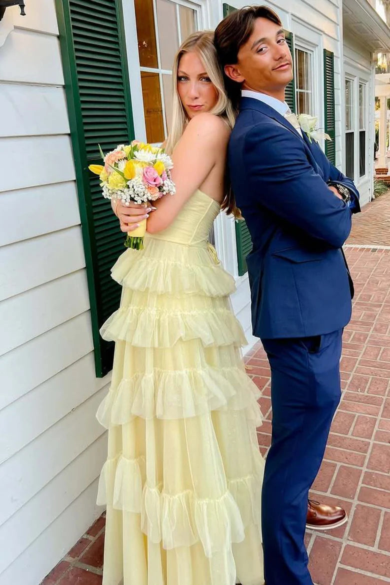 Yellow Strapless A-Line Ruffle Tulle Sleeveless Long Prom Dress