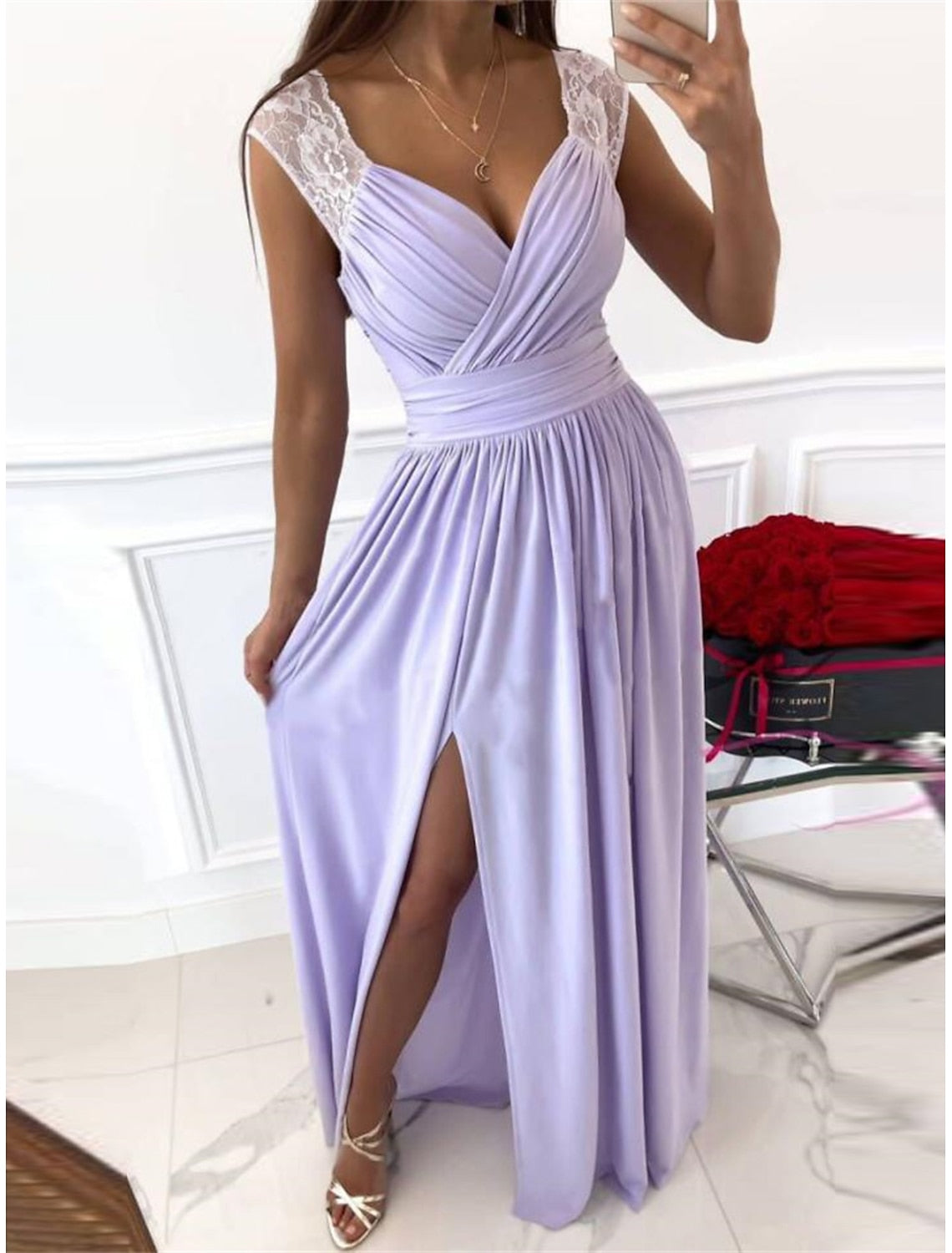 Lace Ruched V Neck Sleeveless Retract Your Waist Full of charm Prom Dress