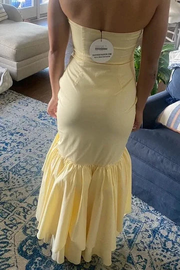 Simple Yellow Strapless Ruffle Mermaid Long Prom Formal Dress with Slit